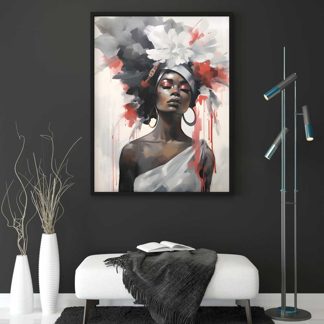 black woman abstract metal print modern wall art silver grey red artwork