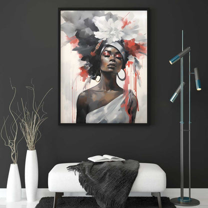 black woman abstract metal print modern wall art silver grey red artwork