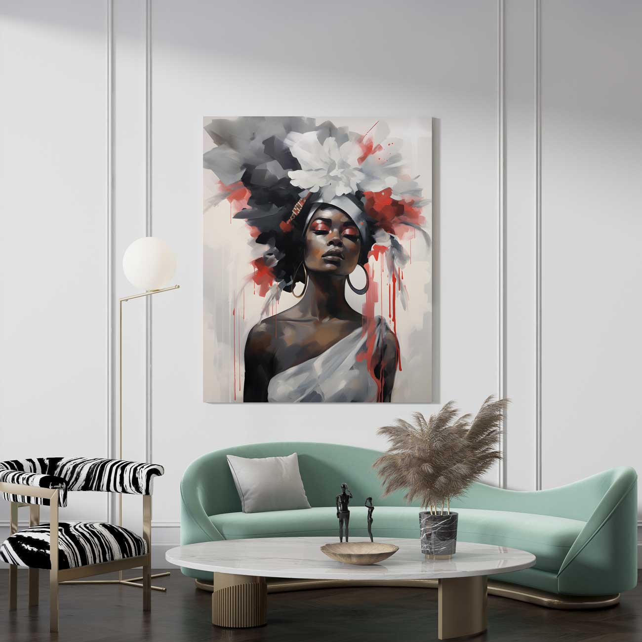 black woman abstract metal print modern wall art silver grey red artwork stylish interior salon