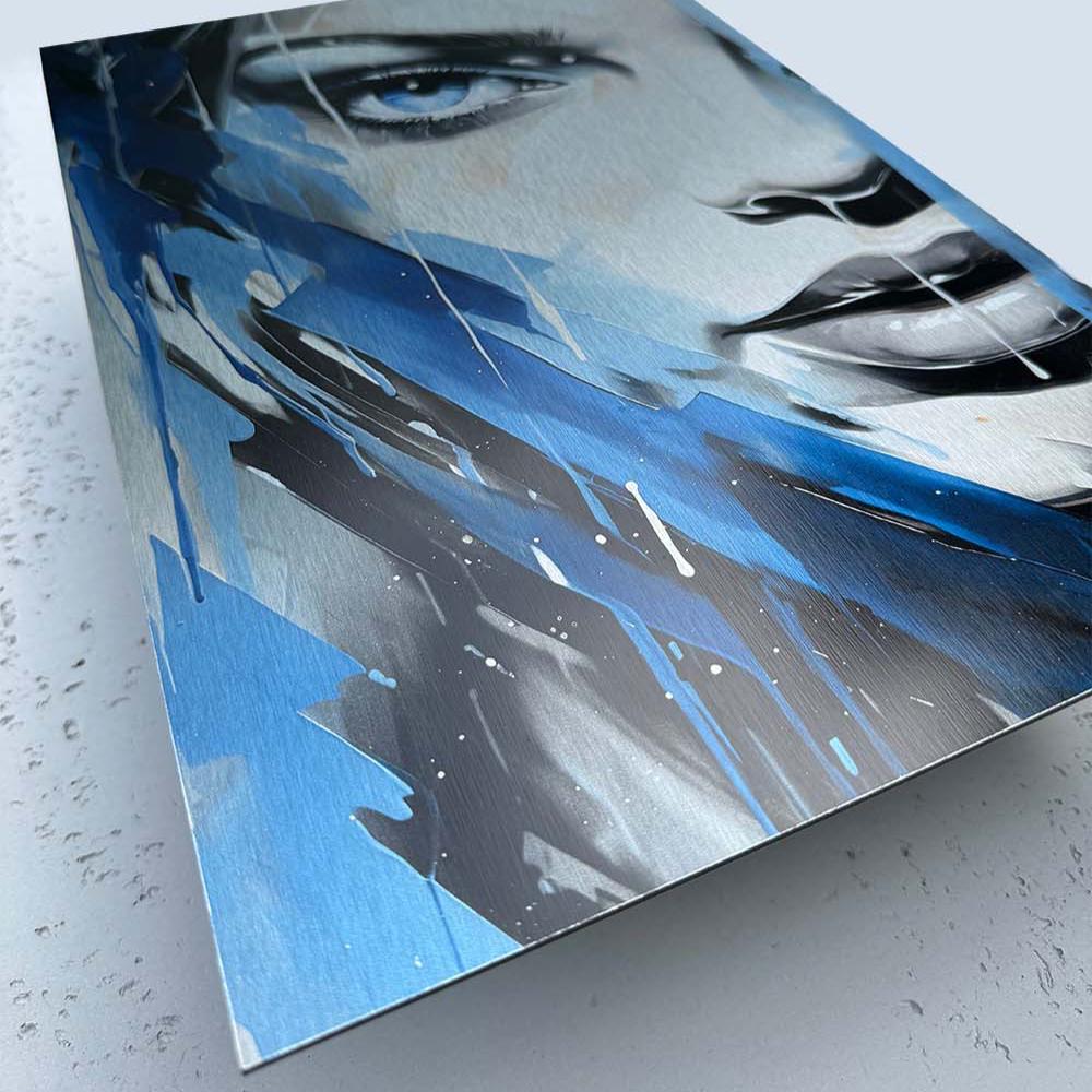 gray blue abstract women face aluminum metal print