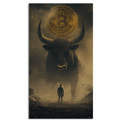 Bitcoin Bull aluminum wall art with golden Bitcoin symbol, powerful crypto artwork