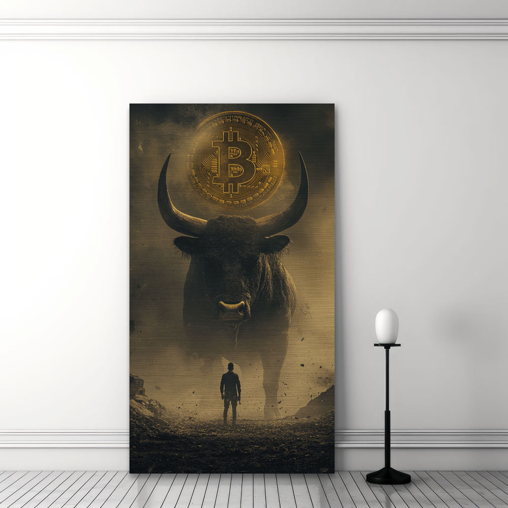 Bitcoin Bull aluminum wall art in minimalist white interior with floor lamp