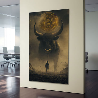 Bitcoin Bull aluminum wall art hanging in modern office interior, crypto decor