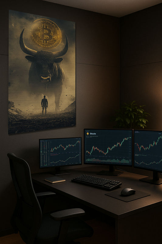 Bitcoin Bull aluminum wall art above trading desk with monitors, crypto trading decor