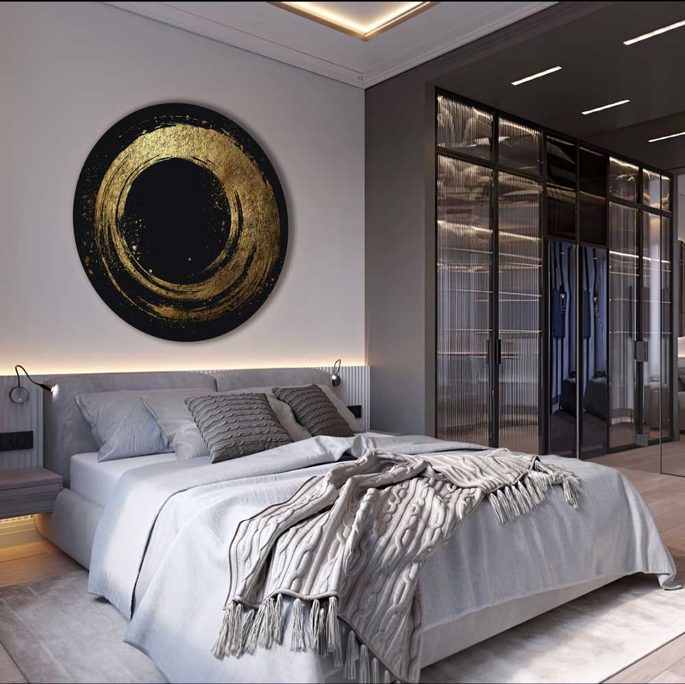 Round black aluminum wall art with lacquered gold texture – “Black Aurisphere”.
