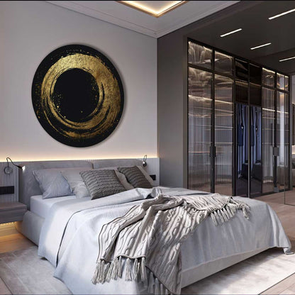 Round black aluminum wall art with lacquered gold texture – “Black Aurisphere”.