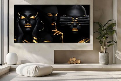 Modern aluminum wall art with bold black and gold contrast