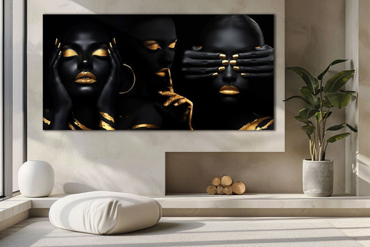 Modern aluminum wall art with bold black and gold contrast