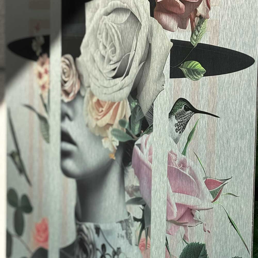 Close-up details of floral face and collage structure in modern artwork