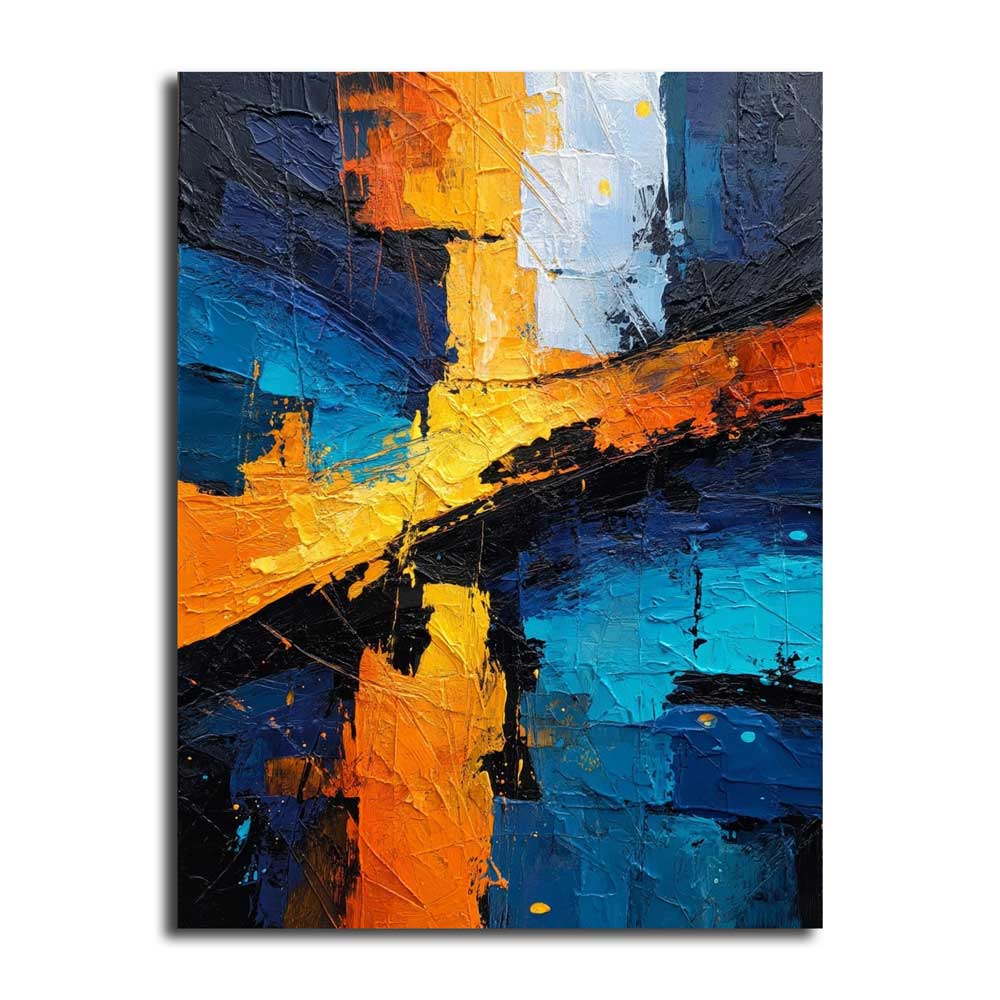 Collision of Colors – abstract canvas painting with blue and orange tones