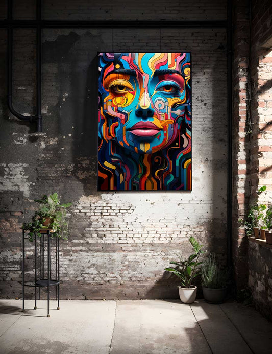Modern portrait on canvas in industrial setting