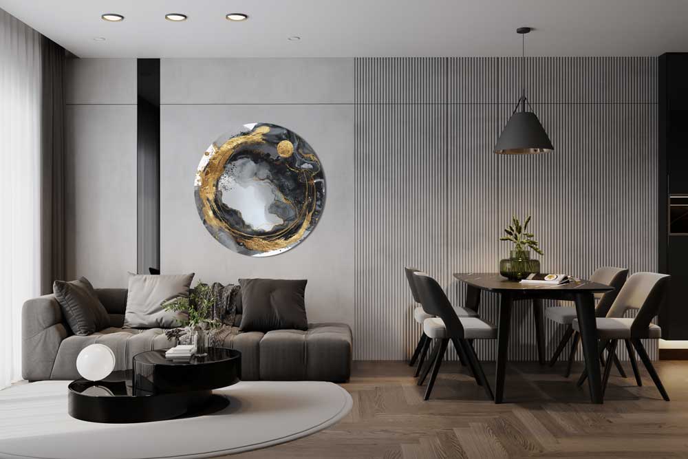 “Cosmic Vortex” round aluminum wall art with gold lacquer – modern metallic art for interiors