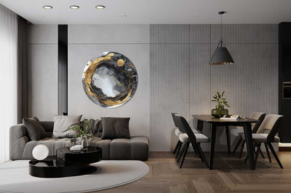 “Cosmic Vortex” round aluminum wall art with gold lacquer – modern metallic art for interiors