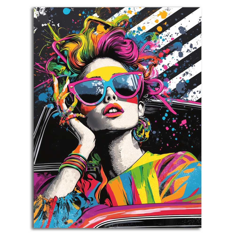 Chromatic Drive canvas print — colourful pop-art portrait of a woman with rainbow hair, pink cat-eye sunglasses and colourful bracelets, leaning out of a car window against a black and white striped background with paint splatters