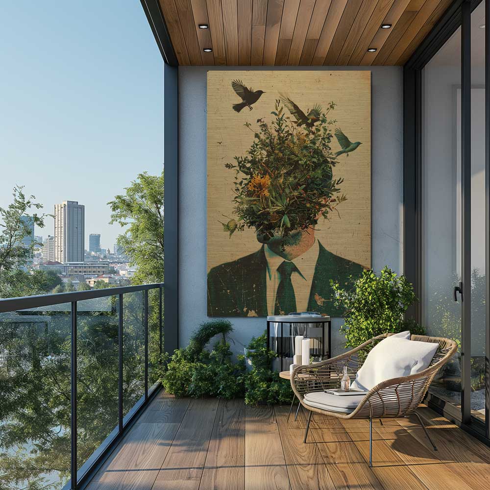 Eco-themed surreal portrait on terrace wall – man with green head