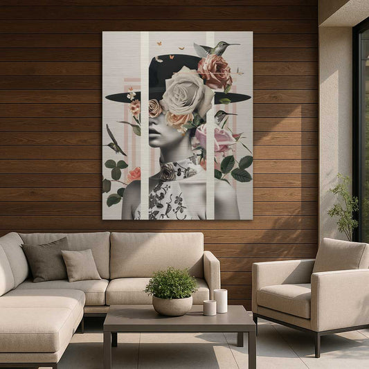Elegant female collage portrait with floral hat – modern living room decor