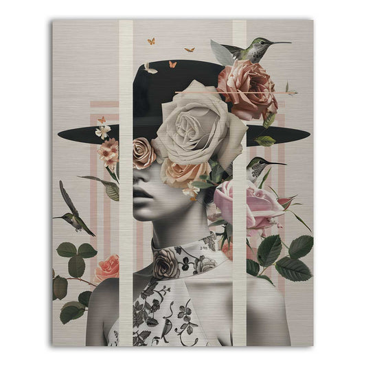 Minimalist female portrait with hat and flowers – modern wall art with collage style