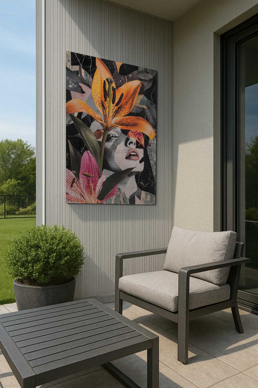Floral woman artwork with orange lily on outdoor wall