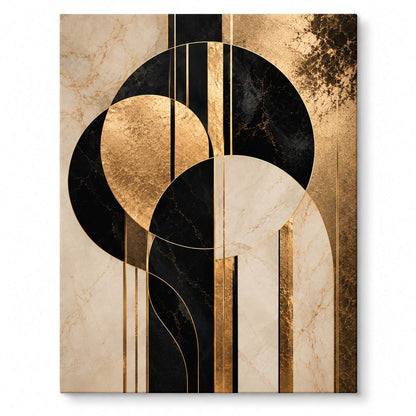 Golden Arcs canvas print — repeating gold-toned arcs on a black background, shown on white