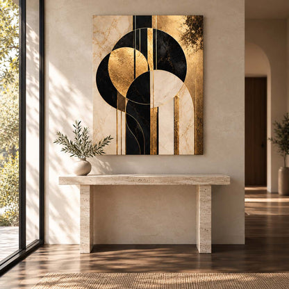 Golden Arcs canvas print — displayed above an entryway console