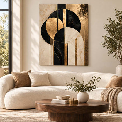 Golden Arcs canvas print — displayed above a living-room sofa