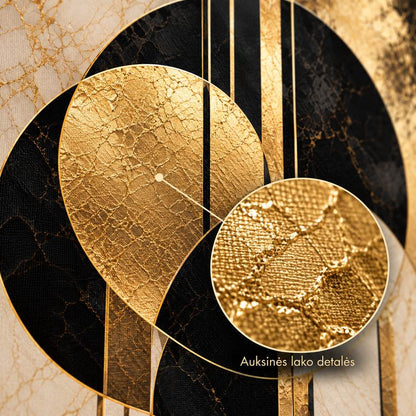 Golden Arcs canvas print — close-up of gold-toned details with a Lithuanian lacquer-detail annotation