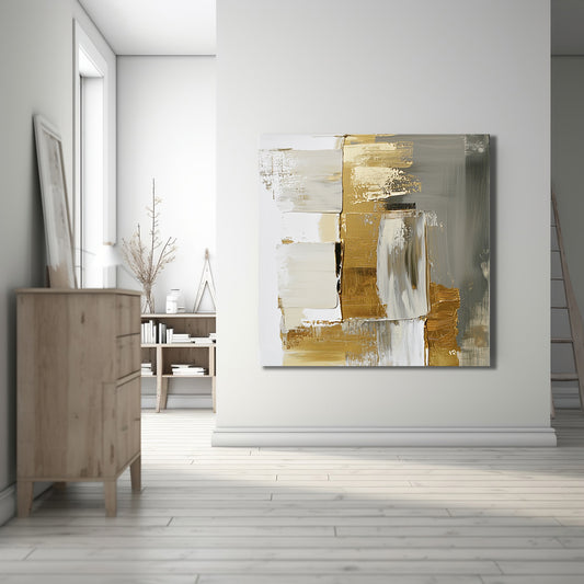Square abstract painting with golden details in bright minimalist hallway
