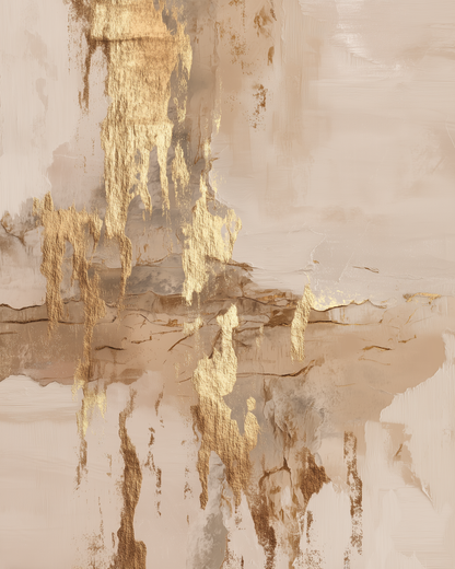 Golden Cascade abstract canvas painting with golden-toned streaks finished in glossy varnish on a soft beige background