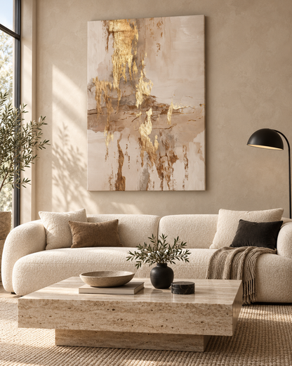 Golden Cascade canvas print with gold-toned varnish details displayed above a beige sofa in a modern living room