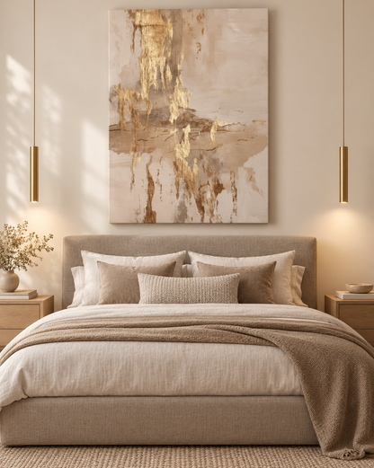 Golden Cascade canvas artwork hung above the bed in a warm neutral bedroom