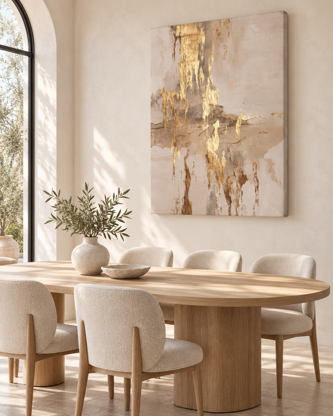 Golden Cascade canvas print displayed on the wall of a sunlit dining room with a wooden table
