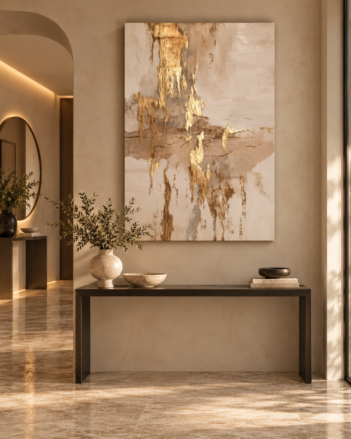 Golden Cascade canvas artwork displayed above a console table in an entryway hallway