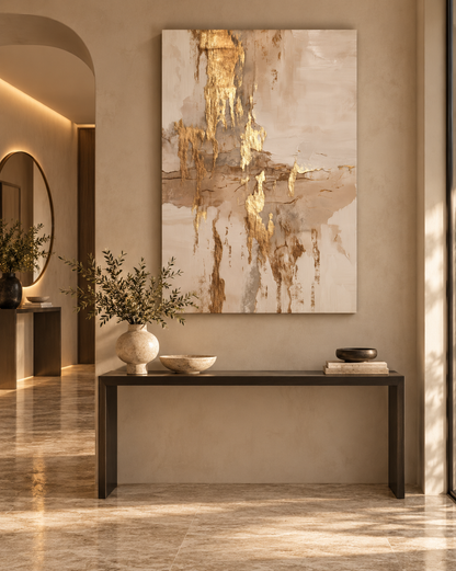 Golden Cascade canvas artwork displayed above a console table in an entryway hallway