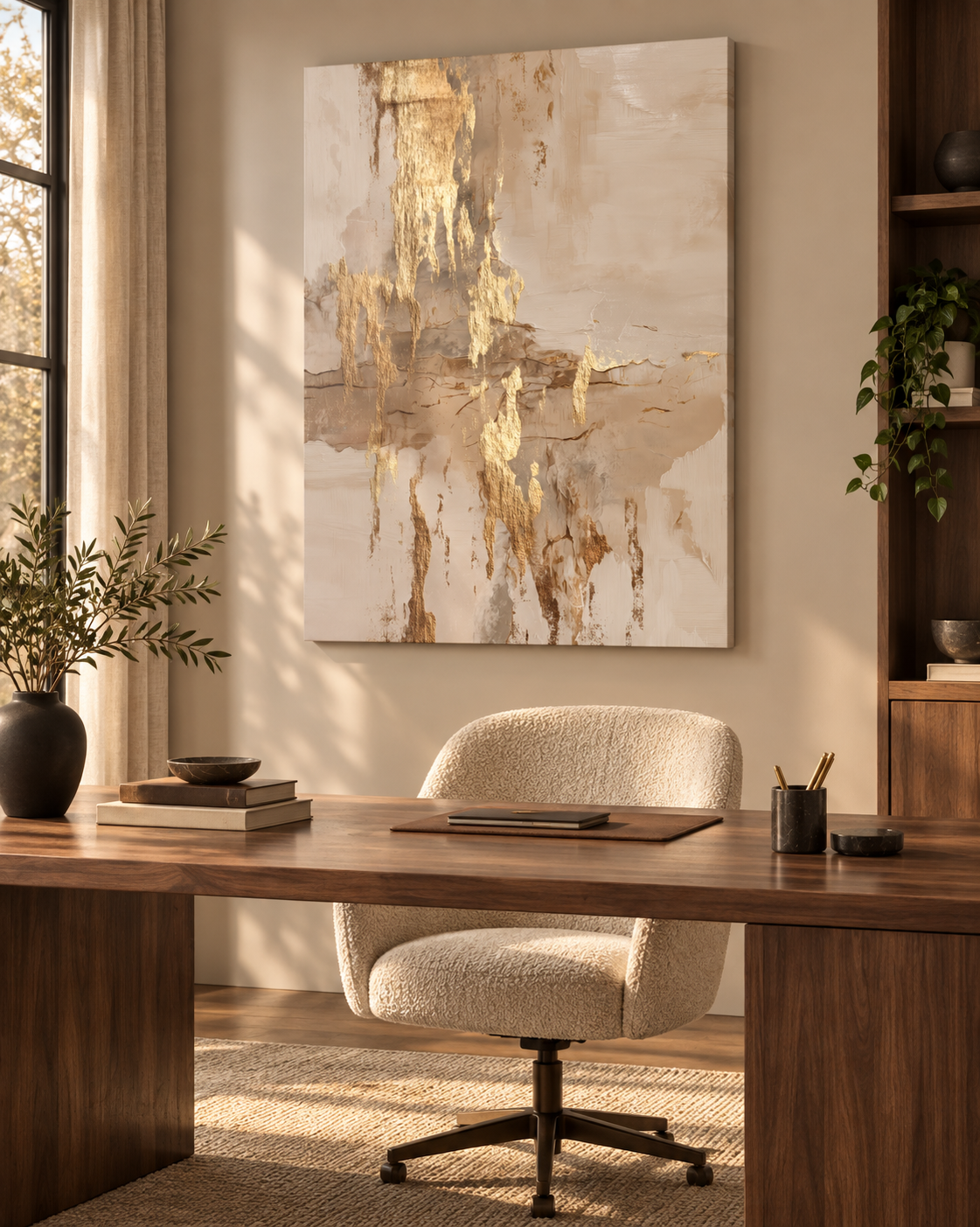Golden Cascade canvas print hung above a desk in a home office