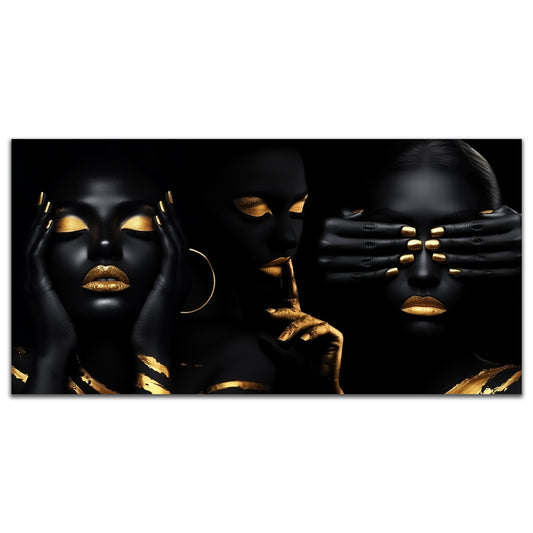 Golden Code – aluminum artwork with three female silhouettes and glossy gold accents