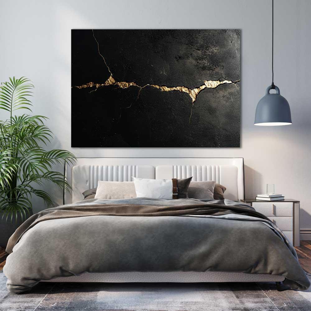 Golden Crack canvas painting with lacquer details hanging above bed in modern bedroom