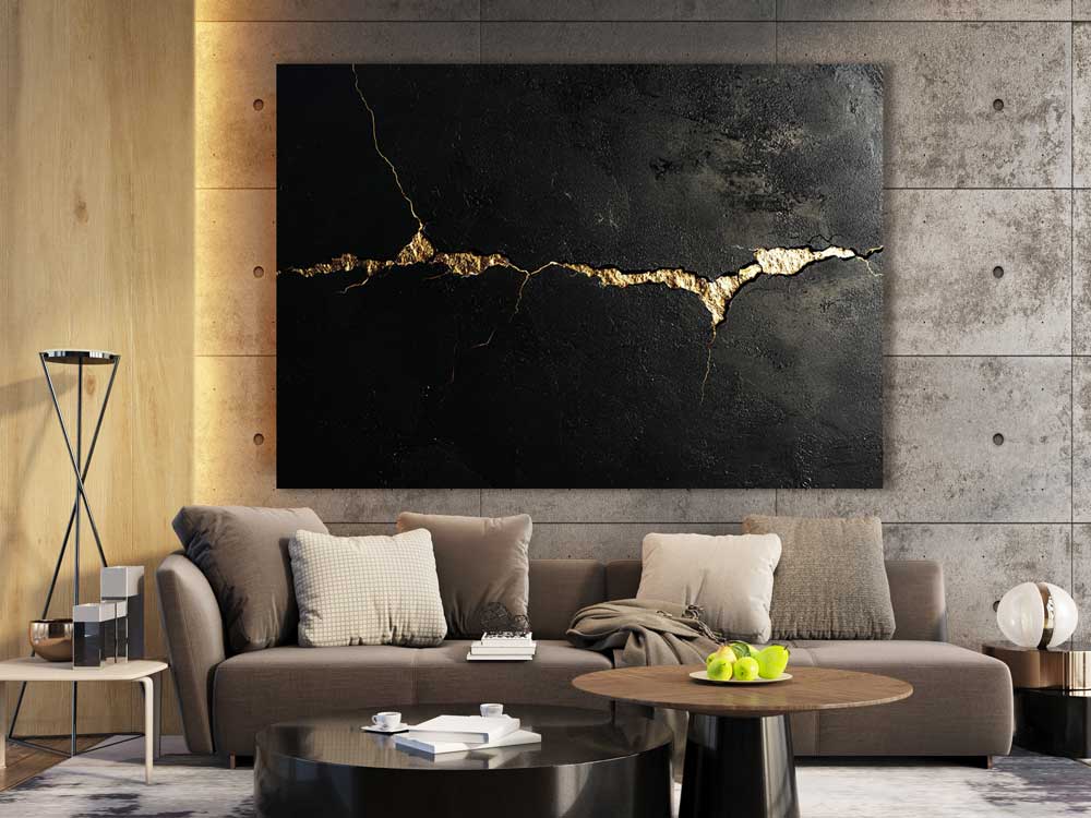Golden Crack canvas wall art with black background and golden crack in industrial style room