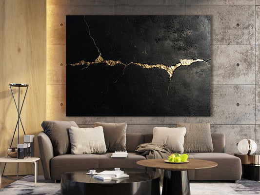 Golden Crack canvas wall art with black background and golden crack in industrial style room