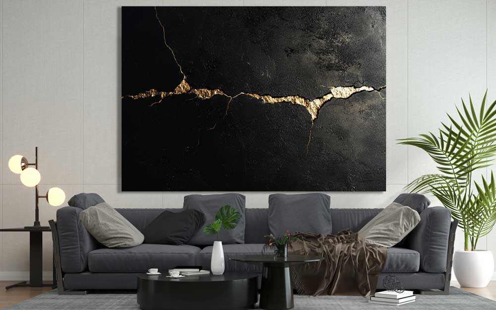 Golden Crack canvas painting with lacquer details hanging above sofa in living room