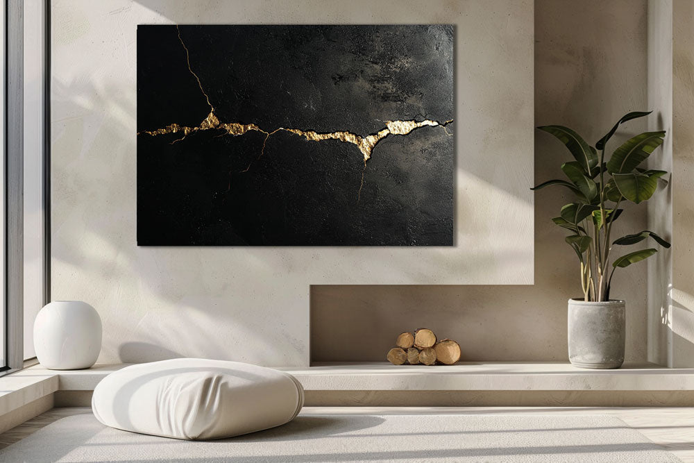 Golden Crack canvas wall art with golden crack detail in bright minimalist living room