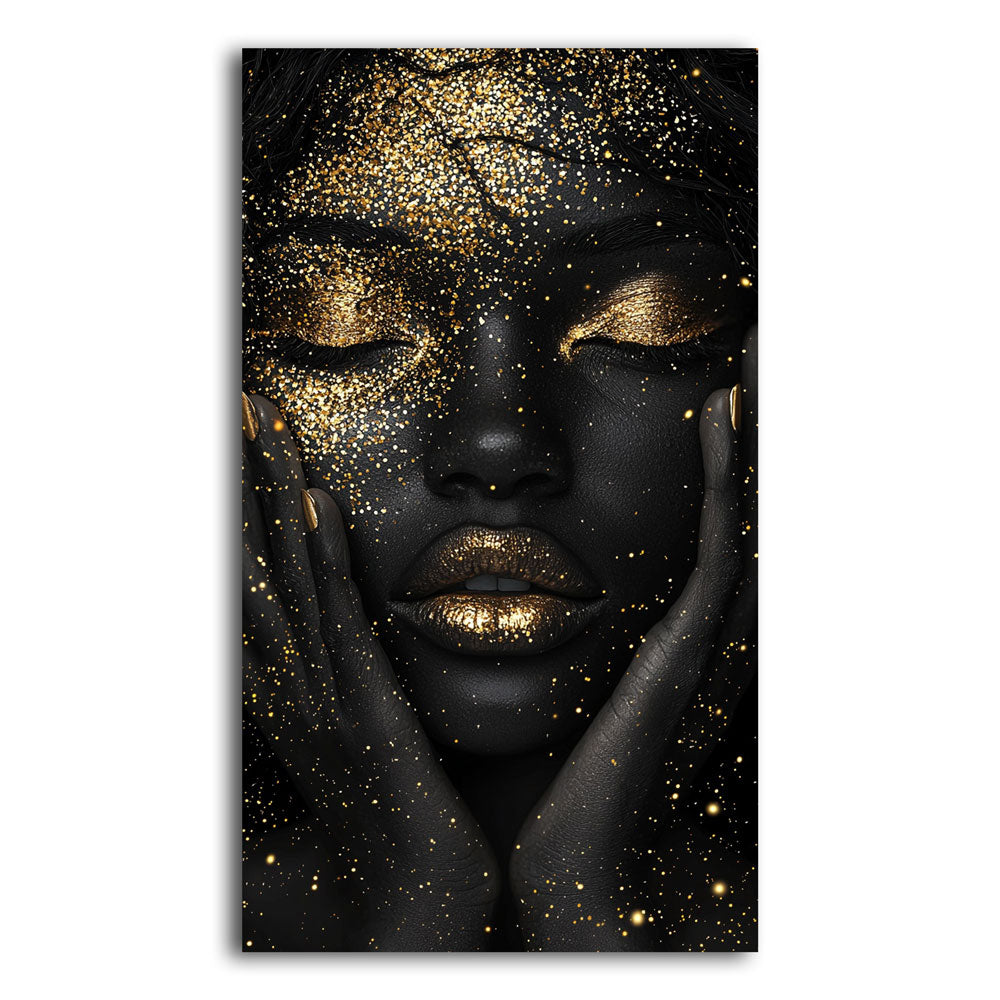 Canvas portrait of black woman with gold lacquered face and lips – Golden Dream