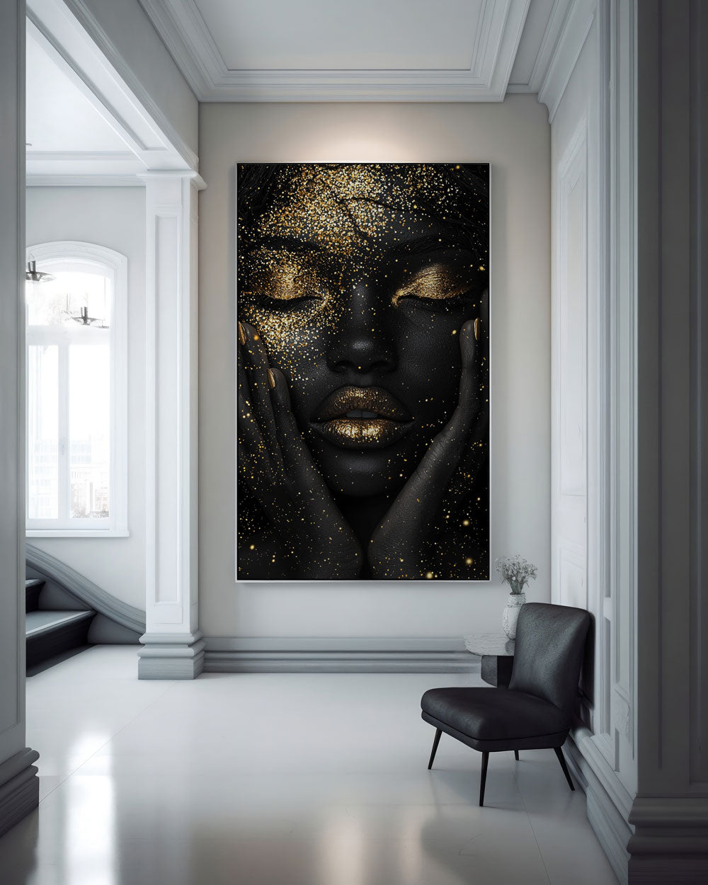 Large canvas wall art of woman’s face with gold accents in elegant interior