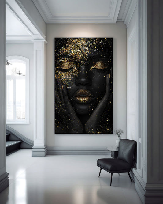 Large canvas wall art of woman’s face with gold accents in elegant interior