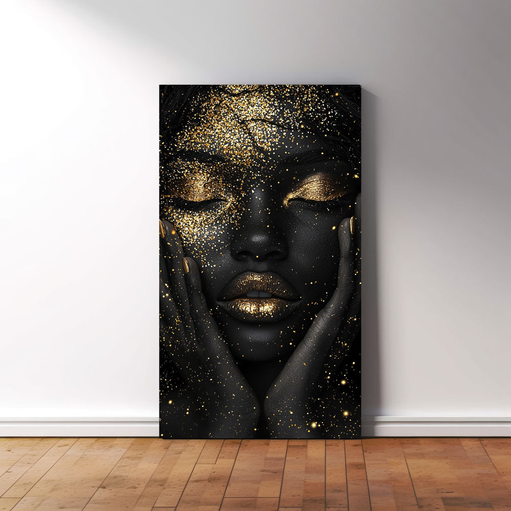 Vertical canvas portrait with glossy gold details and dark background