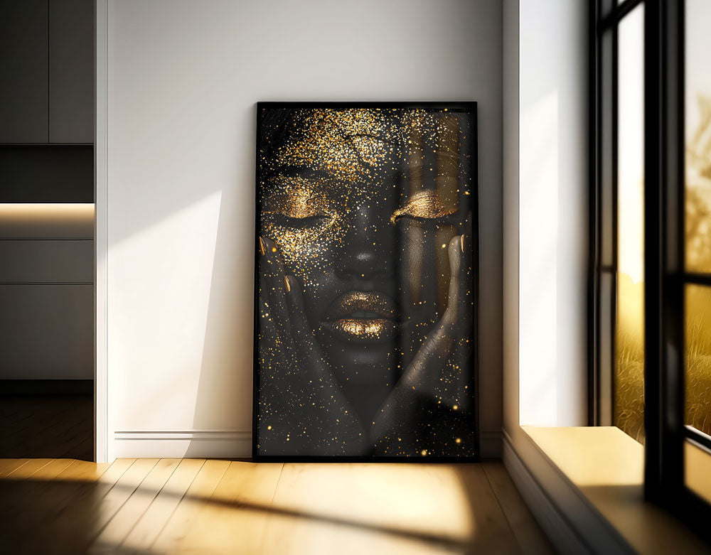Golden Dream canvas art with gold sparkle texture in sunlight interior