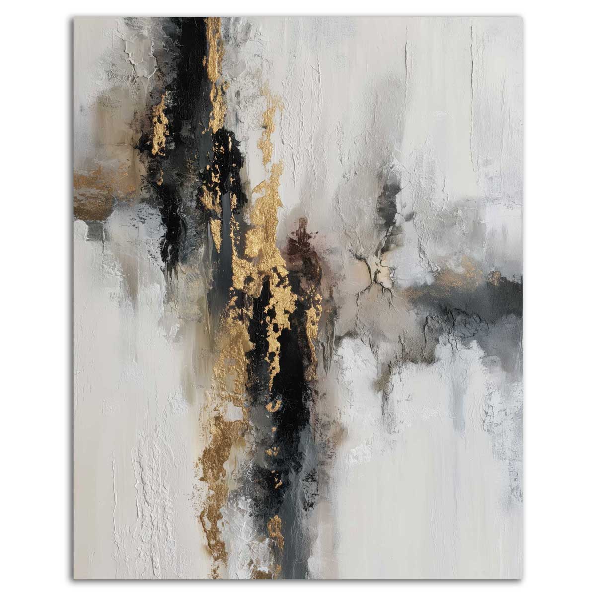 Golden Fault abstract canvas painting with a charcoal fissure and gold-toned details finished in glossy varnish on a textured off-white background