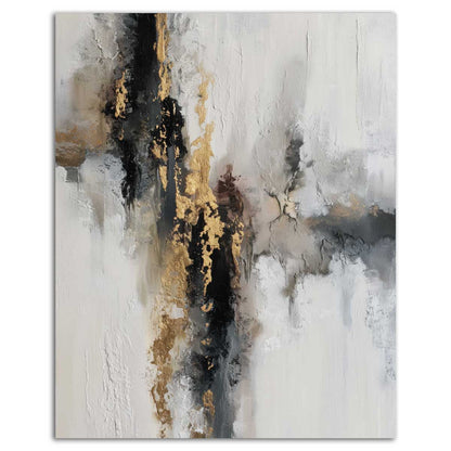 Golden Fault abstract canvas painting with a charcoal fissure and gold-toned details finished in glossy varnish on a textured off-white background