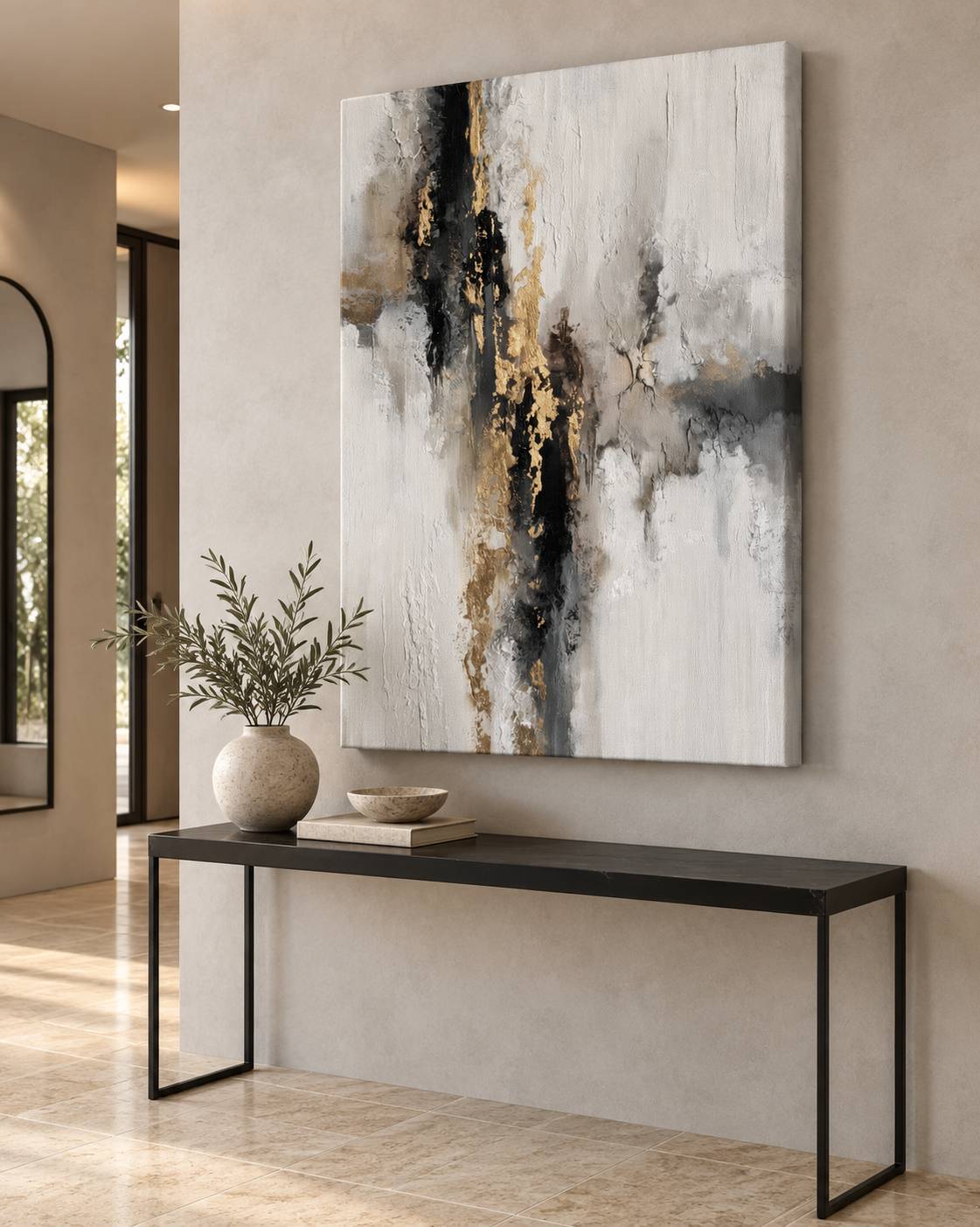Golden Fault canvas artwork displayed above a console table in an entryway hallway