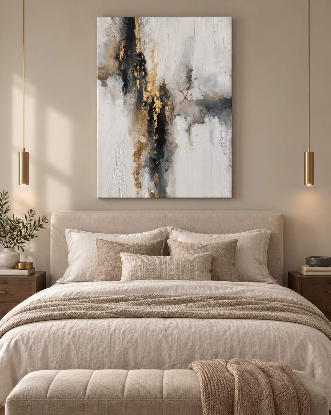 Golden Fault canvas artwork hung above the bed in a warm neutral bedroom