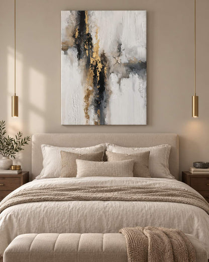 Golden Fault canvas artwork hung above the bed in a warm neutral bedroom